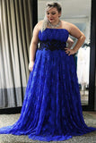 Elegant Straps Blue Lace Sleeveless A-Line Floor-Length Zipper Plus Size Prom Dresses