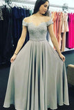 A-Line Off-the-Shoulder Open Back Sweetheart Grey Chiffon Prom Dresses with Appliques