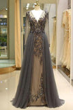 Elegant A Line V Neck Long Sleeves Tulle Grey Prom Dresses with Beading