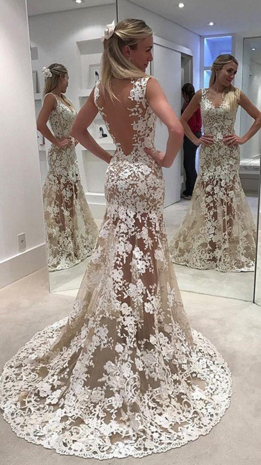 Elegant Lace Sheer Ivory V-Neck Appliques Sleeveless Mermaid Backless Wedding Dresses