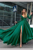 Flowy Long Front Split Green Chiffon Backless Elegant Long Sleeve Prom Dresses