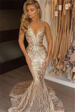 Golden Mermaid Court Train Deep V Neck Sleeveless Sparkle Long Prom Dress Party Dress
