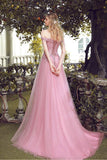 Elegant A-Line Off-the-Shoulder Lace Up Long Pink Lace Tulle Prom Dresses with Beads