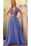 Elegant A Line Two Piece Blue V-Neck Beads Chiffon Evening Prom Dresses