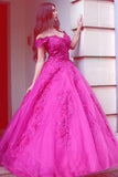 Princess Fuchsia Tulle Off-the-Shoulder Ball Gown Sweetheart Lace Appliques Prom Dresses