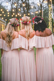 Elegant Off-the-shoulder Pastel Pink Ruffles Long Chiffon A-Line Bridesmaid Dresses