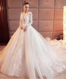 2024 Gorgeous Scoop Lace Appliques Flowers White Organza Long Sleeve Wedding Dresses