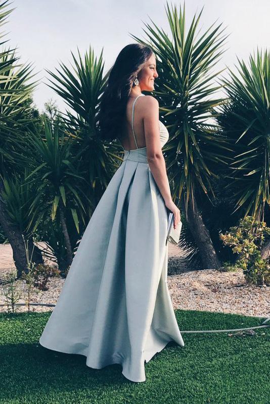 Elegant A-line Straps Backless Sleeveless Satin V-Neck Blue Long Prom Dresses
