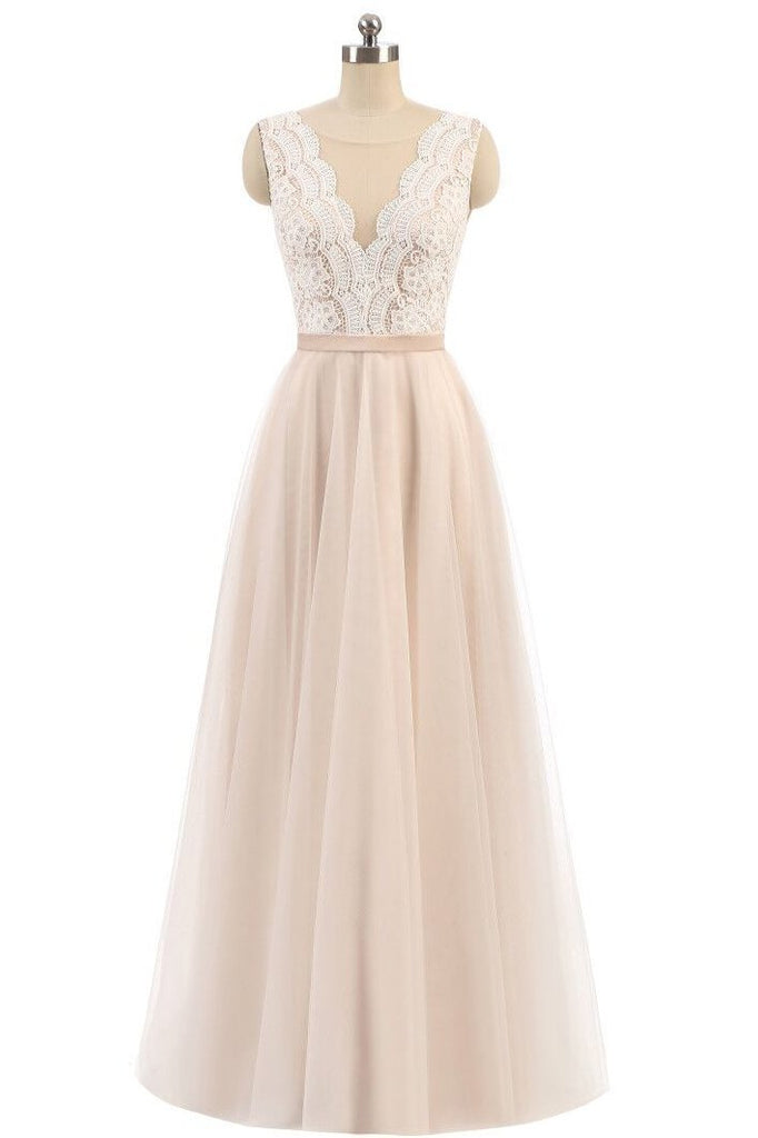 Elegant A Line Pink Tulle Lace High Neck Sleeveless Button Prom Evening Dresses