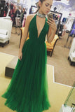 Hot Sexy Sleeveless A-Line Deep V-Neck Green Floor-Length Tulle Long Prom Dresses