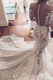 Illusion Neckline Lace Appliques Mermaid Long Sleeves Chapel Train Wedding Dress