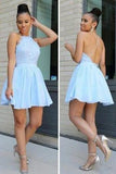 Light Blue Short Chiffon Backless Simple Homecoming Dresses