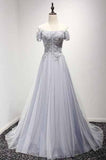Dusty Blue A-Line Off-the-Shoulder Tulle Lace up Prom Dresses with Appliques Lace