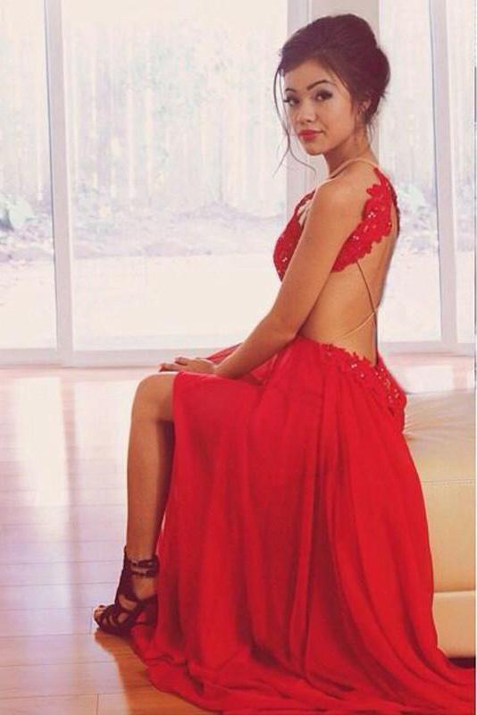 Elegant A Line Chiffon Open Back Halter Slit Red Long Cheap Prom Dresses