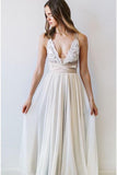 Elegant Fashion A Line V Neck Open Back Chiffon Ivory Lace Long Wedding Dresses