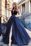 Gorgeous A Line Open Back Sleeveless With Split Side Dark Blue V Neck Prom Dresses