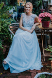 2024 Elegant Light Blue Beads Round Neck Chiffon A-Line Cap Sleeve Prom Dresses