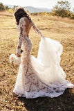 Romantic Long Appliques Backless Lace Mermaid Ivory Long Sleeve Wedding Dresses