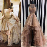 Halter Top Illusion Rhinestone Beaded Hi-Low Tulle Most Popular Long Prom Dresses