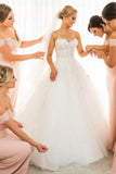 Fairy Ball Gown Strapless Sweetheart Ivory Tulle Long Wedding Dresses with Lace Appliques