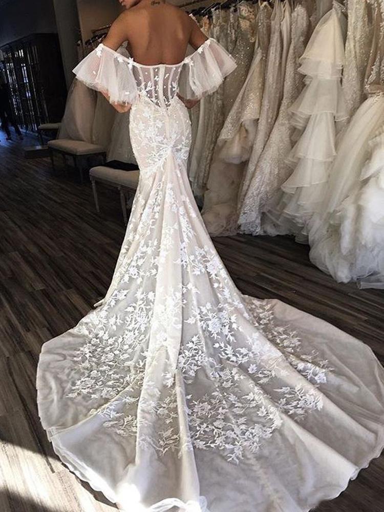 Gorgeous Mermaid Off the Shoulder Sweetheart Open Back Ivory Lace Wedding Dresses