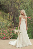 Elegant Mermaid Ivory Lace Appliques V Neck Long Beach Wedding Dresses