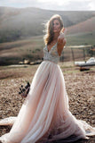 Pink Beads A Line V- Neck Sexy Tulle Long Sleeveless Beach Wedding Dresses Prom Dresses