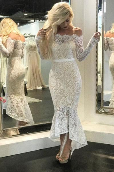 Mermaid Ivory Straight Across Floor-Length Long Sleeve Appliqued Lace Wedding Dresses