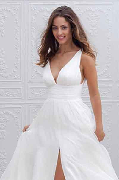 White Long A-Line Chiffon Deep V-Neck Sleeveless Side Split V-Back Wedding Dresses