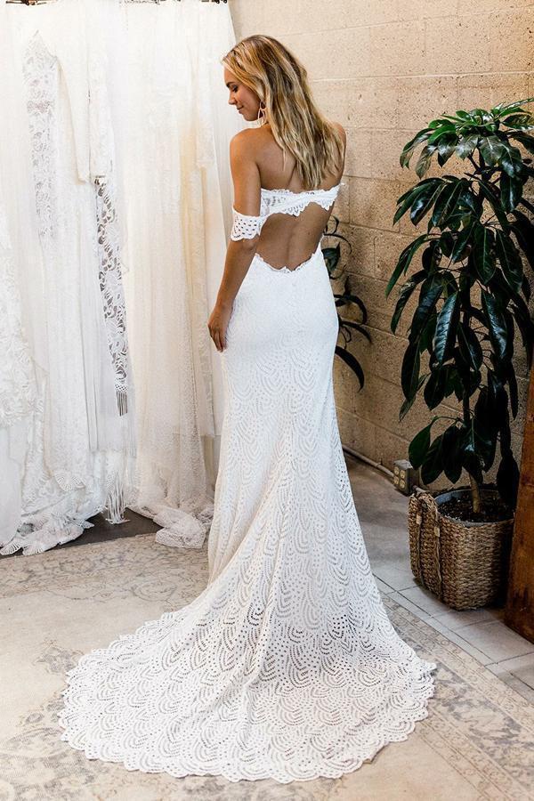 Off the Shoulder White Sweetheart Lace Sexy Mermaid Open Back Beach Wedding Dresses