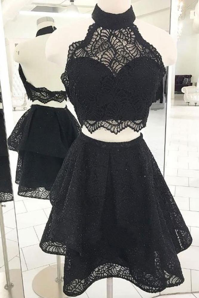 Fashion A Line Two Pieces Halter Backless Black Lace Short Homecoming Dresses